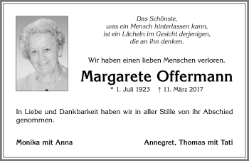 Traueranzeige von Margarete Offermann von Allgäuer Zeitung,Kempten