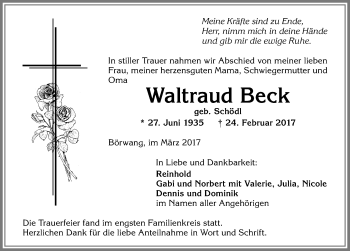 Traueranzeige von Waltraud Beck von Allgäuer Zeitung,Kempten