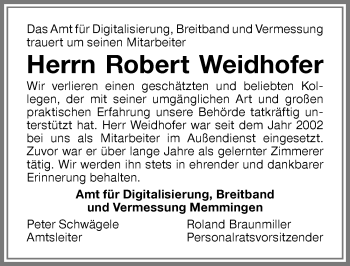 Traueranzeige von Robert Weidhofer von Memminger Zeitung