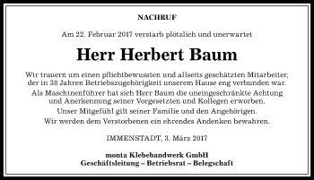 Traueranzeige von Herbert Baum von Allgäuer Anzeigeblatt