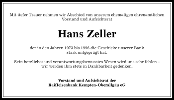 Traueranzeige von Hans Zeller von Allgäuer Zeitung,Kempten