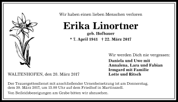 Traueranzeige von Erika Linortner von Allgäuer Zeitung,Kempten