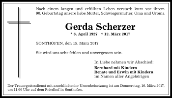Traueranzeige von Gerda Scherzer von Allgäuer Anzeigeblatt