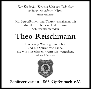 Traueranzeige von Theo Reischmann von Der Westallgäuer