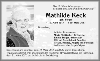Traueranzeige von Mathilde Keck von Allgäuer Zeitung,Kempten