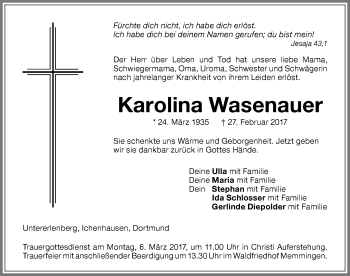Traueranzeige von Karolina Wasenauer von Memminger Zeitung