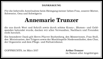 Traueranzeige von Annemarie Trunzer von Allgäuer Anzeigeblatt