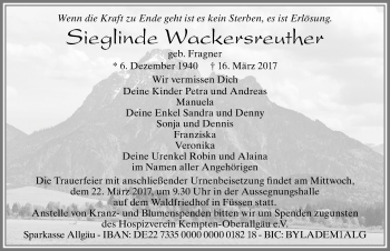 Traueranzeige von Sieglinde Wackersreuther von Allgäuer Zeitung, Füssen