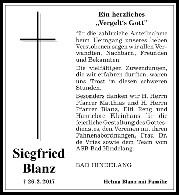 Traueranzeige von Siegfried Blanz von Allgäuer Anzeigeblatt