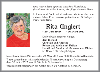 Traueranzeige von Rita Unglert von Allgäuer Zeitung,Kempten