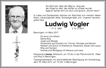 Traueranzeige von Ludwig Vogler von Memminger Zeitung