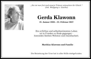 Traueranzeige von Gerda Klawonn von Allgäuer Anzeigeblatt