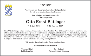 Traueranzeige von Otto Ernst Bittlinger von Allgäuer Zeitung,Kempten