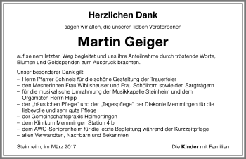 Traueranzeige von Martin Geiger von Memminger Zeitung