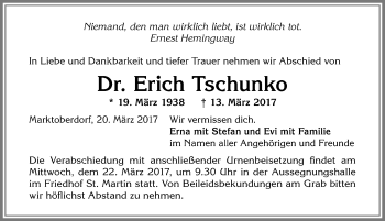Traueranzeige von Erich Tschunko von Allgäuer Zeitung