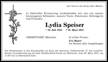 Traueranzeige von Lydia Speiser von Allgäuer Anzeigeblatt