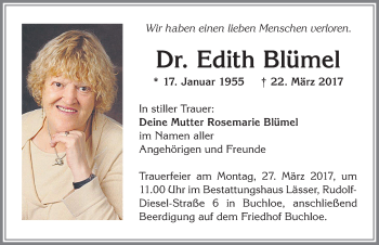 Traueranzeige von Edith Blümel von Allgäuer Zeitung, Kaufbeuren/Buchloe