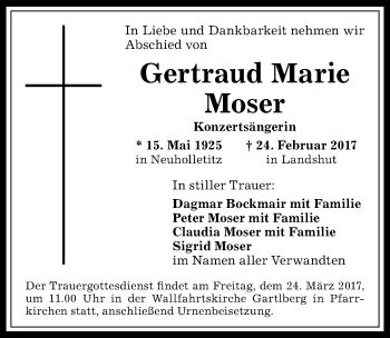 Traueranzeige von Gertraud Marie Moser von Allgäuer Anzeigeblatt