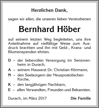 Traueranzeige von Bernhard Höber von Allgäuer Zeitung,Kempten