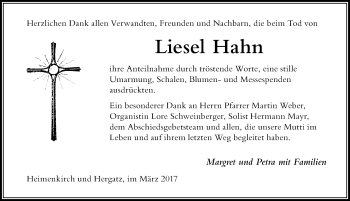 Traueranzeige von Liesel Hahn von Der Westallgäuer