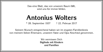 Traueranzeige von Antonius Wolters von Memminger Zeitung