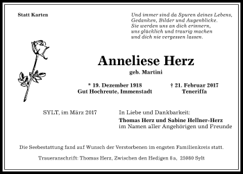 Traueranzeige von Anneliese Herz von Allgäuer Zeitung