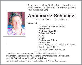 Traueranzeige von Annemarie Schneider von Allgäuer Zeitung,Kempten