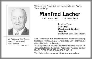 Traueranzeige von Manfred Lacher von Allgäuer Zeitung,Kempten