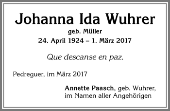 Traueranzeige von Johanna Ida Wuhrer von Allgäuer Zeitung,Kempten