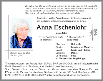 Traueranzeige von Anna Eschenlohr von Allgäuer Zeitung, Kaufbeuren/Buchloe