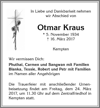 Traueranzeige von Otmar Kraus von Allgäuer Zeitung,Kempten