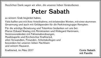 Traueranzeige von Peter Sabath von Allgäuer Zeitung, Marktoberdorf