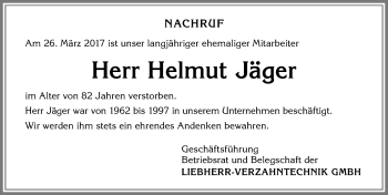 Traueranzeige von Helmut Jäger von Allgäuer Zeitung,Kempten