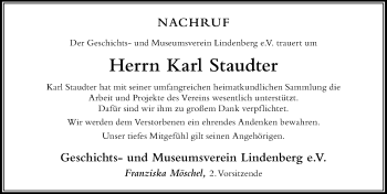 Traueranzeige von Karl Staudter von Der Westallgäuer
