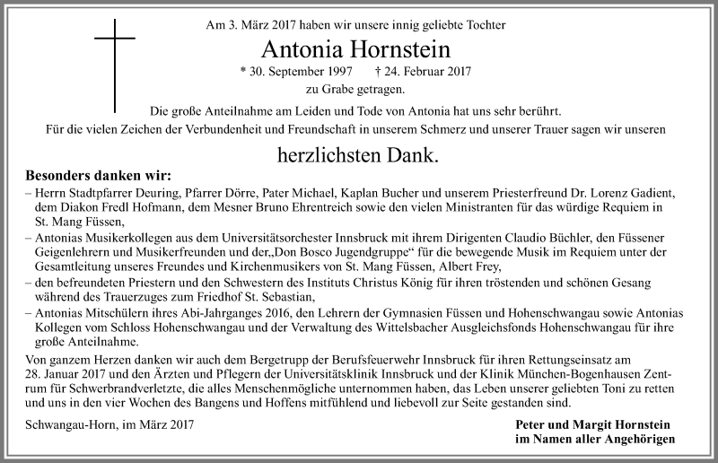  Traueranzeige für Antonia Hornstein vom 25.03.2017 aus Allgäuer Zeitung, Füssen