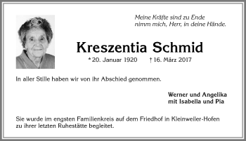 Traueranzeige von Kreszentia Schmid von Allgäuer Zeitung,Kempten