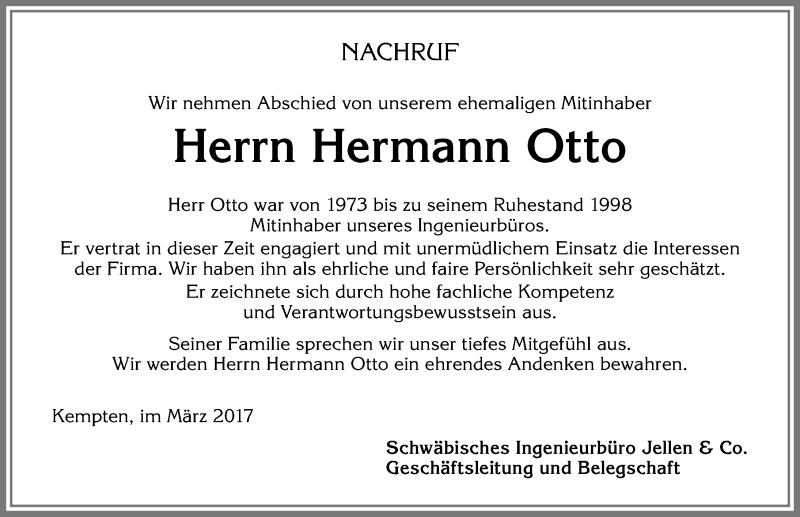  Traueranzeige für Hermann Otto vom 04.03.2017 aus Allgäuer Zeitung, Gesamtausgabe