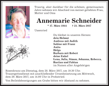 Traueranzeige von Annemarie Schneider von Allgäuer Anzeigeblatt