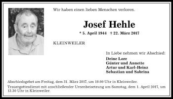 Traueranzeige von Josef Hehle von Allgäuer Anzeigeblatt