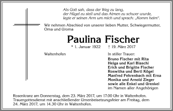 Traueranzeige von Paulina Fischer von Allgäuer Zeitung,Kempten
