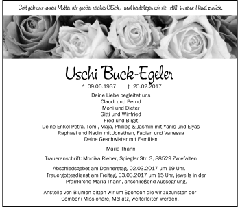 Traueranzeige von Uschi Buck-Egeler von Der Westallgäuer