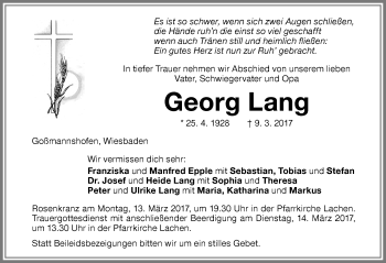 Traueranzeige von Georg Lang von Memminger Zeitung