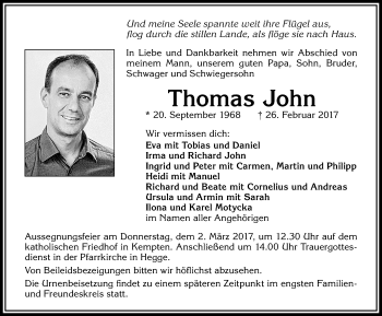 Traueranzeige von Thomas John von Allgäuer Zeitung,Kempten