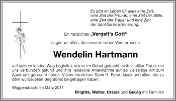 Traueranzeige von Wendelin Hartmann von Allgäuer Zeitung,Kempten