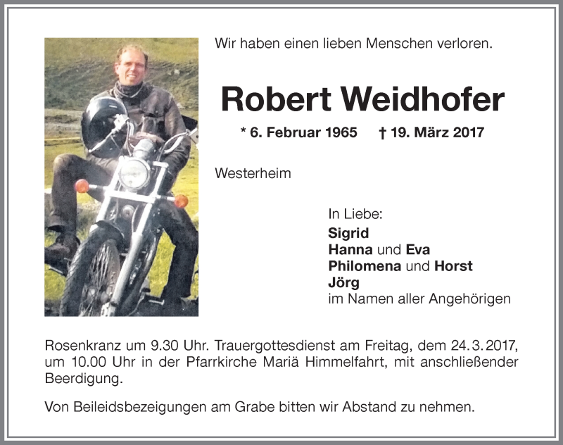  Traueranzeige für Robert Weidhofer vom 23.03.2017 aus Memminger Zeitung