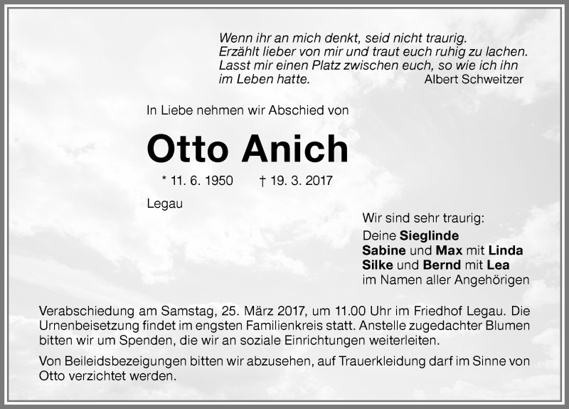  Traueranzeige für Otto Anich vom 22.03.2017 aus Memminger Zeitung