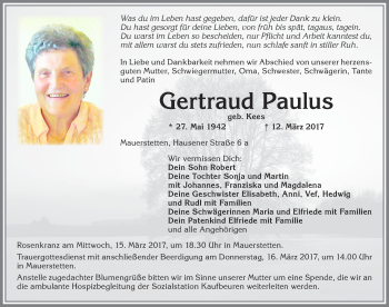 Traueranzeige von Gertraud Paulus von Allgäuer Zeitung, Kaufbeuren/Buchloe