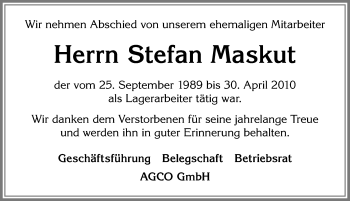 Traueranzeige von Stefan Maskut von Allgäuer Zeitung,Kempten