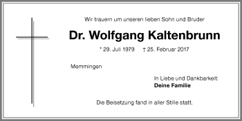 Traueranzeige von Wolfgang Kaltenbrunn von Memminger Zeitung