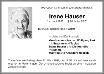 Traueranzeige von Irene Hauser von Allgäuer Zeitung